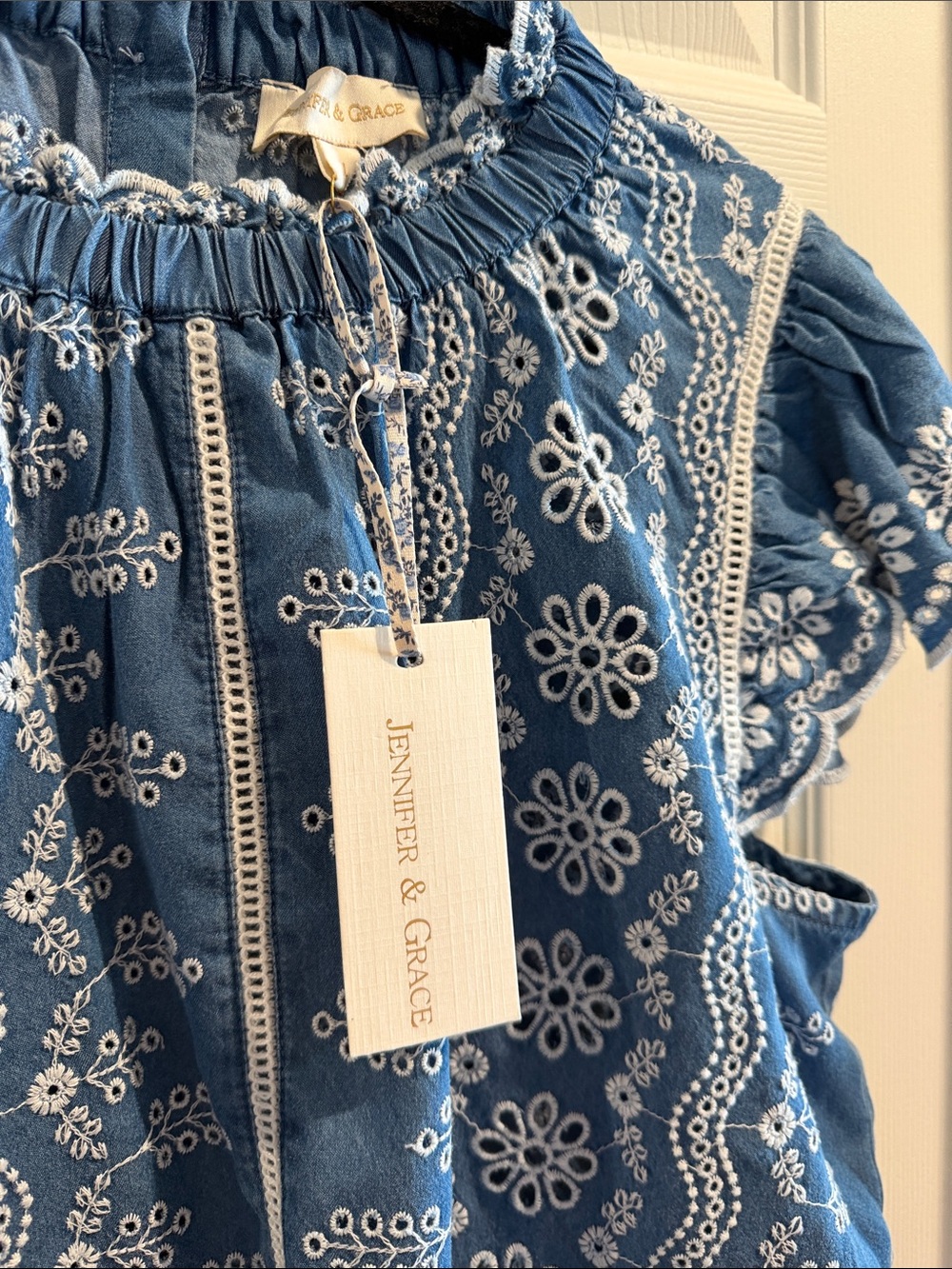 Blue Eyelet Embroidered Flutter-Sleeve Blouse, Large - Picture 3 of 6